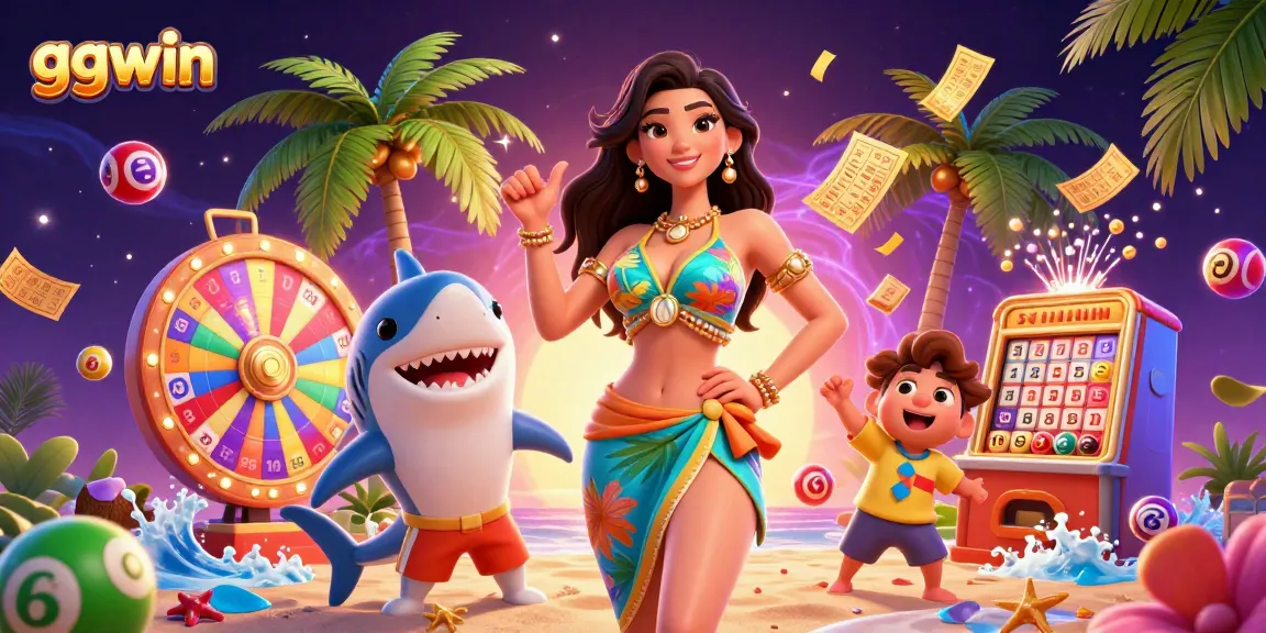 Engage with ggwin as colorful lottery balls and prizes fill the vibrant casino atmosphere.