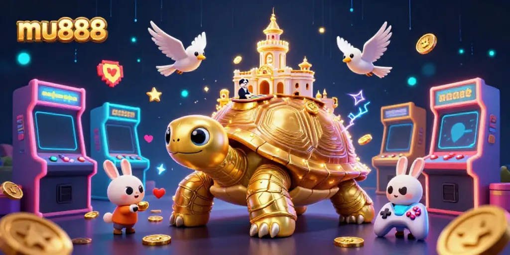 Experience thrilling gaming at mu888 with a golden tortoise casino and vibrant characters.
