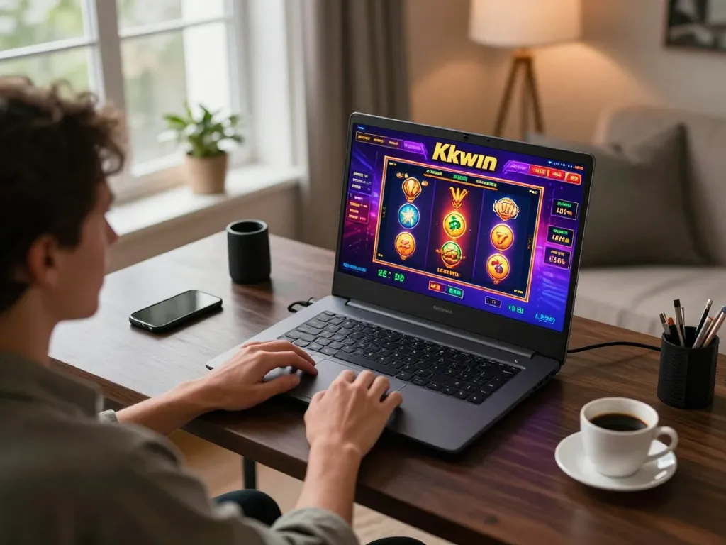 Engaged player enjoying Kkwin slots game on laptop at modern home desk