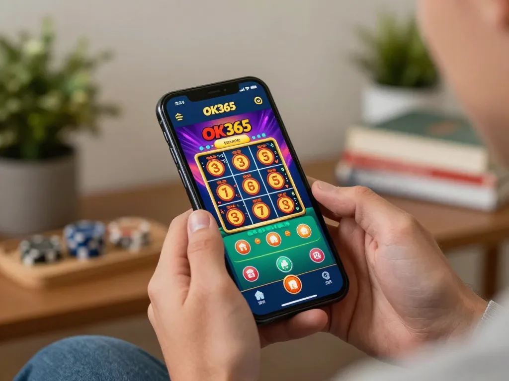 Engaging in online gaming using the OK365 app on a smartphone in a cozy setting
