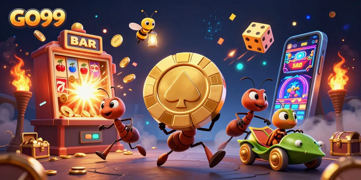 Explore exciting gameplay at GO99 with a vibrant 3D scene of ants on a casino heist.