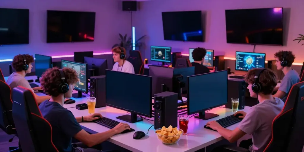 Friends enjoying gaming sessions on rokok88 platform in a vibrant digital lounge.