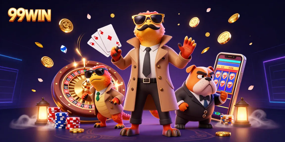 Experience fun gambling action with 99WIN in a colorful VIP casino scene featuring three clever raptors.
