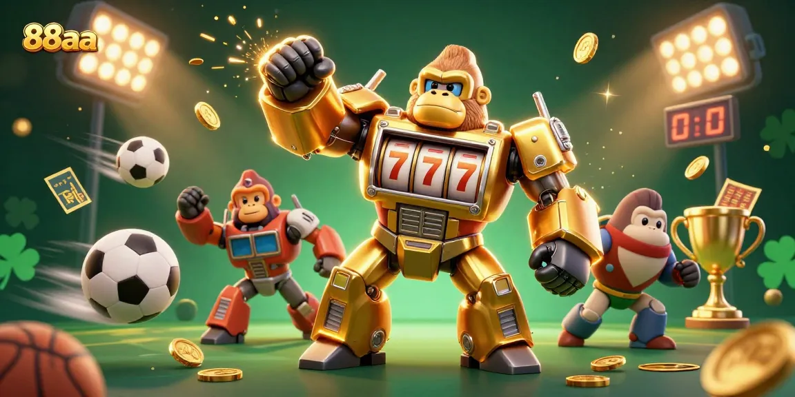 Experience excitement with 88aa's golden gorilla mech and sports elements in a thrilling casino scene.