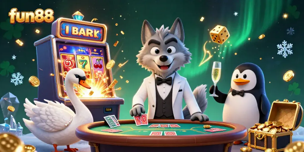 Enjoy thrilling fun88 gaming with a debonair wolf and elegant characters at a dynamic baccarat table.