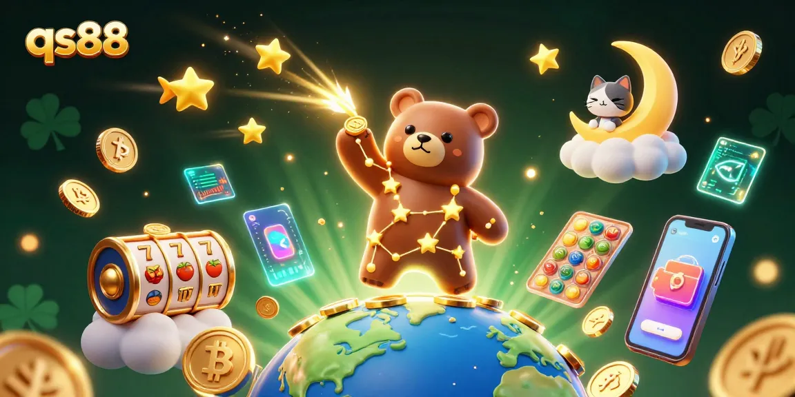 Engage with the qs88 casino adventure as the constellation bear scoops coins amidst vibrant slot elements and crypto graphics.