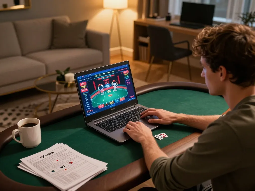 Playing live poker on 79king's online casino platform in a cozy home office setup.