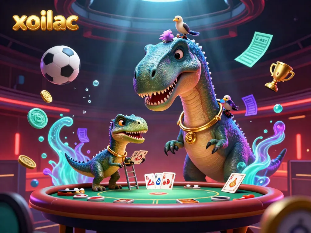 Xoilac sports betting illustration featuring a giant dinosaur engaging with dynamic gaming elements.