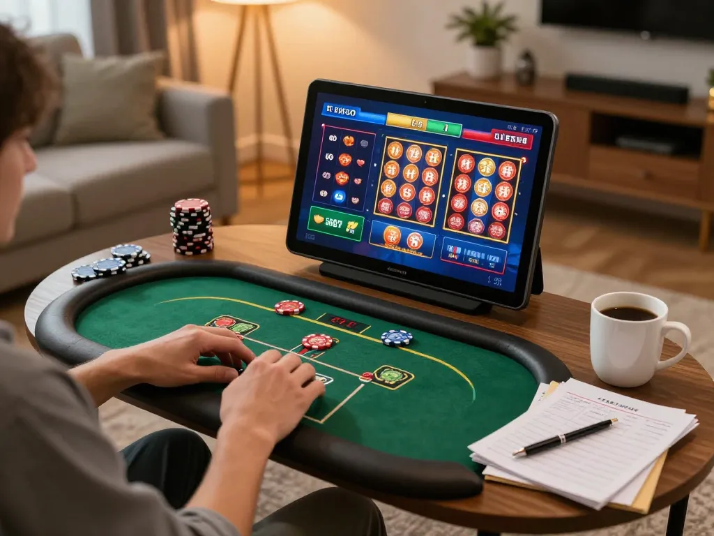 Player enjoying online gaming at ALO8 on a tablet, showcasing vibrant games and cozy home setup.