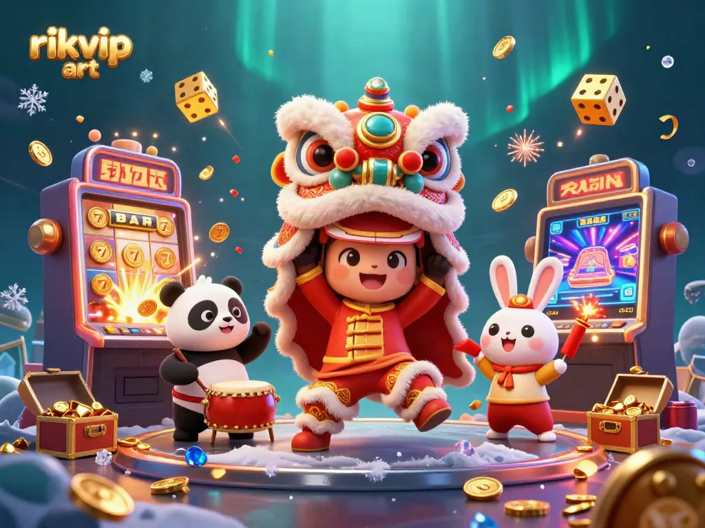 rikvip art showcases a dynamic 3D scene with a lion dance costume and casino elements, embodying festive energy.
