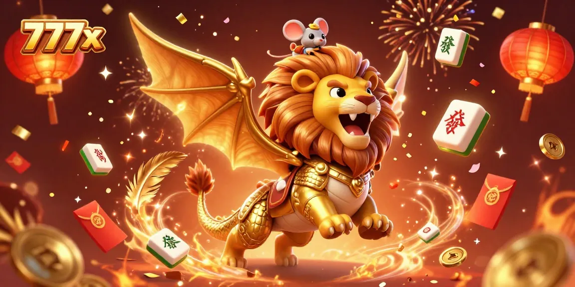 Engage in 777x casino excitement with a chimera creature and lucky symbols in a vibrant celebration.