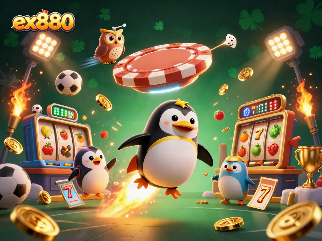 Experience thrilling wins with ex880 featuring a dynamic scene of a golden penguin and slots elements.