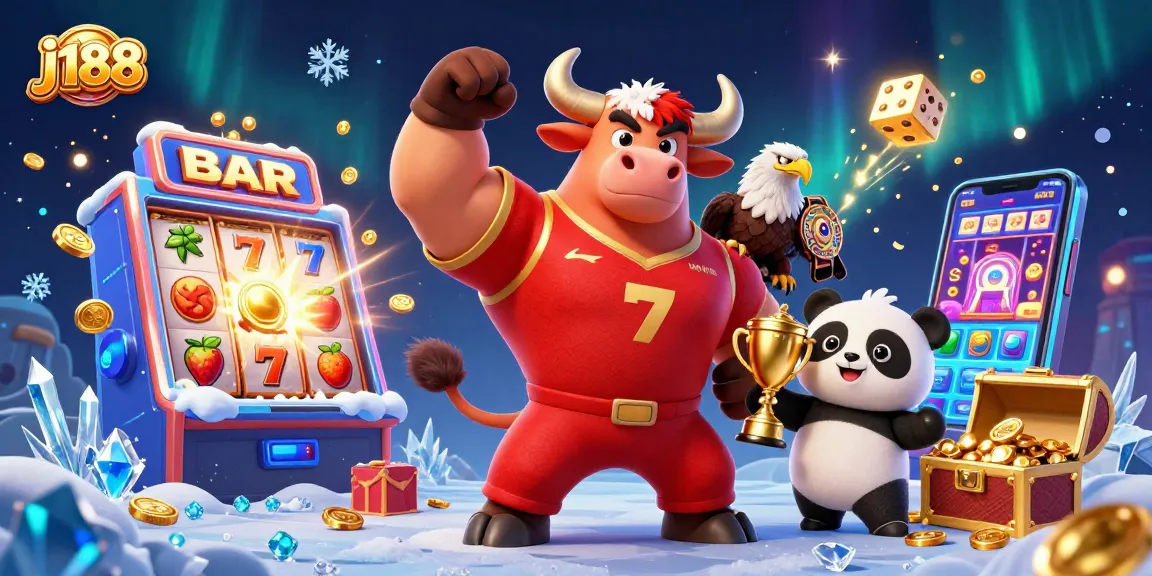 Experience the excitement of j188 slots featuring a dynamic bull mascot, eagle, and a cheerful panda.