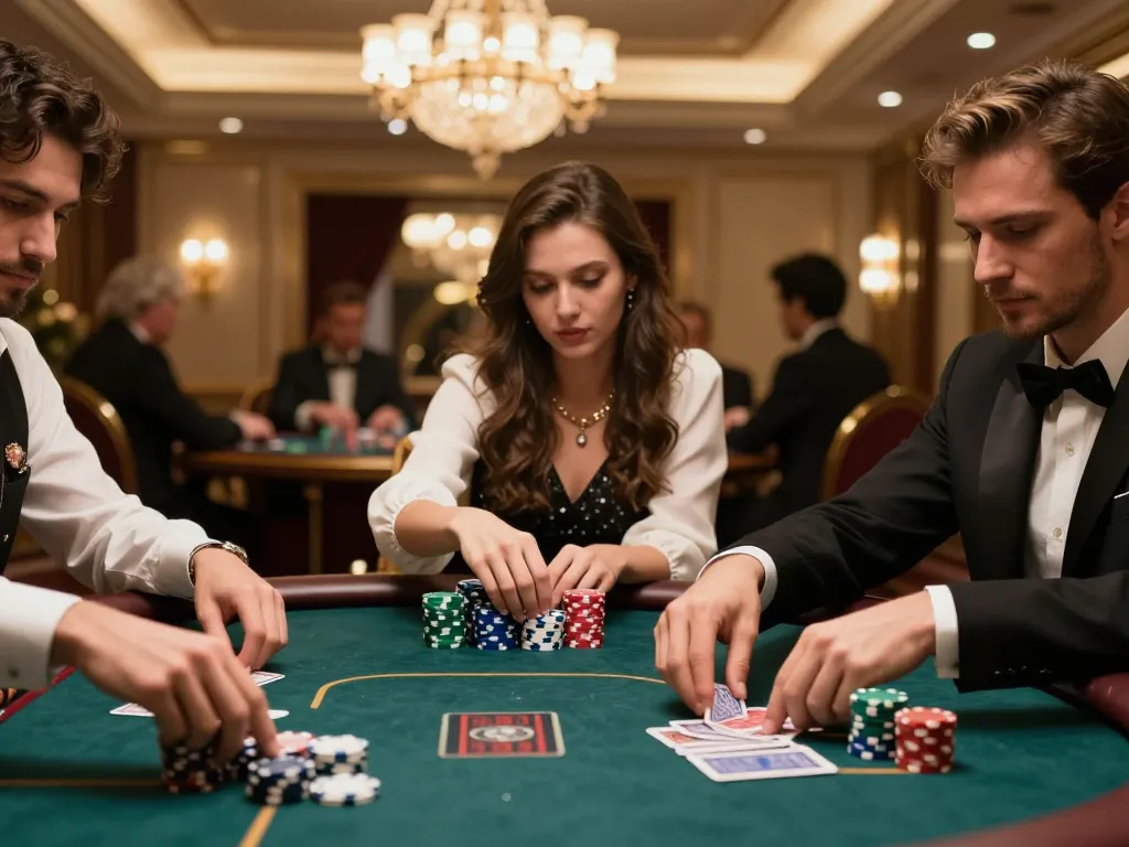 Players engage in a high-stakes poker game at a luxurious casino, showcasing 678vip's premium gambling experience.