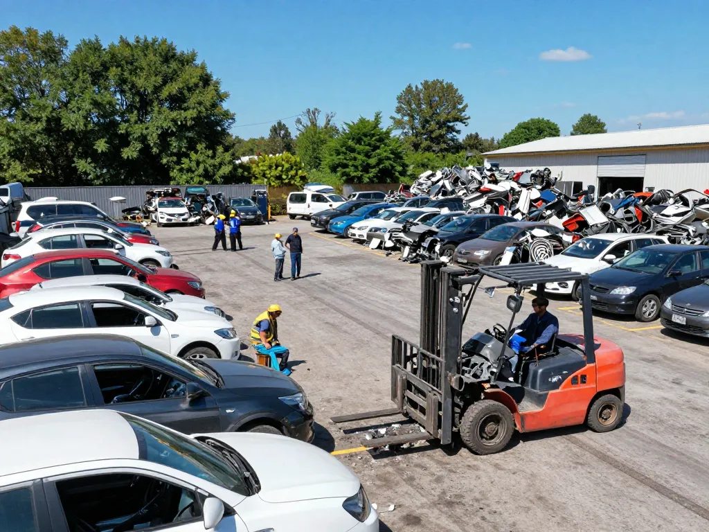 Zakład auto złomu z rozebranymi pojazdami, wykwalifikowani pracownicy efektywnie recyclingują części samochodowe.