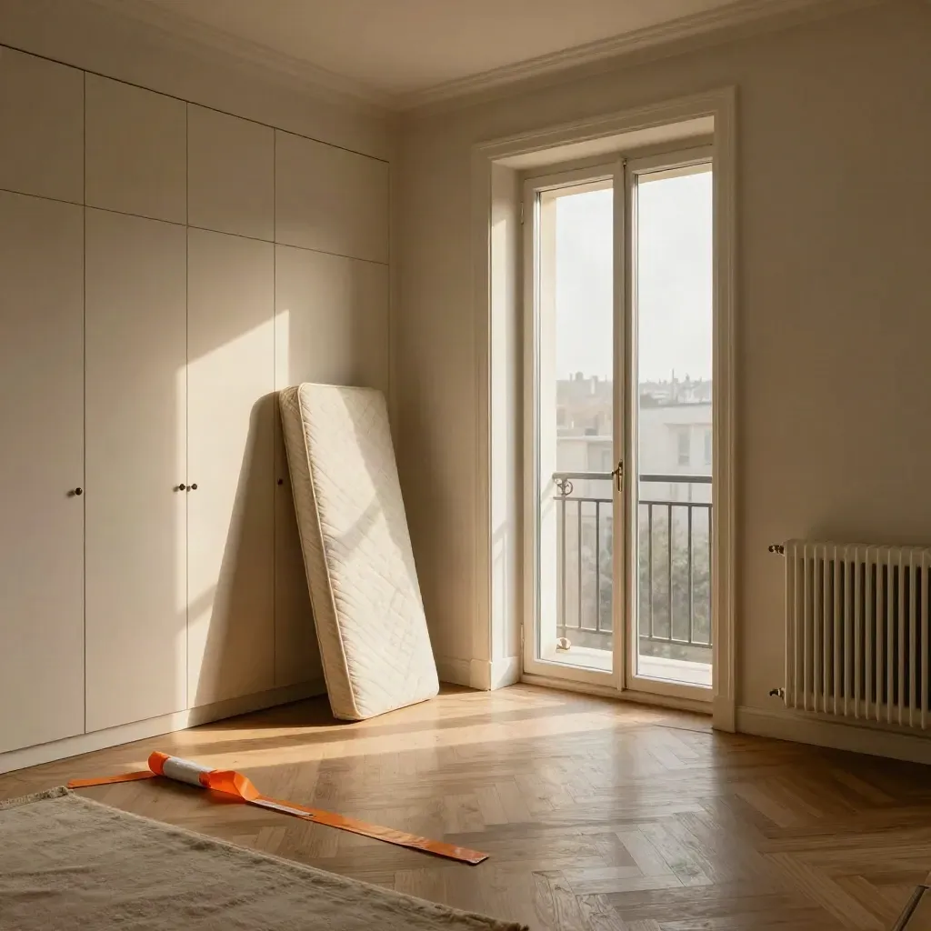 Puste mieszkanie po opróżnieniu, rolowany materac i otwarte drzwi na balkon w ciepłym świetle.