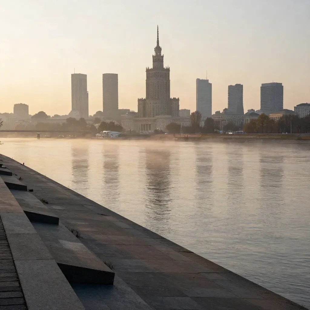 Warszawa o świcie nad mgłą Wisły, sylwetka Pałacu Kultury nad rzeką