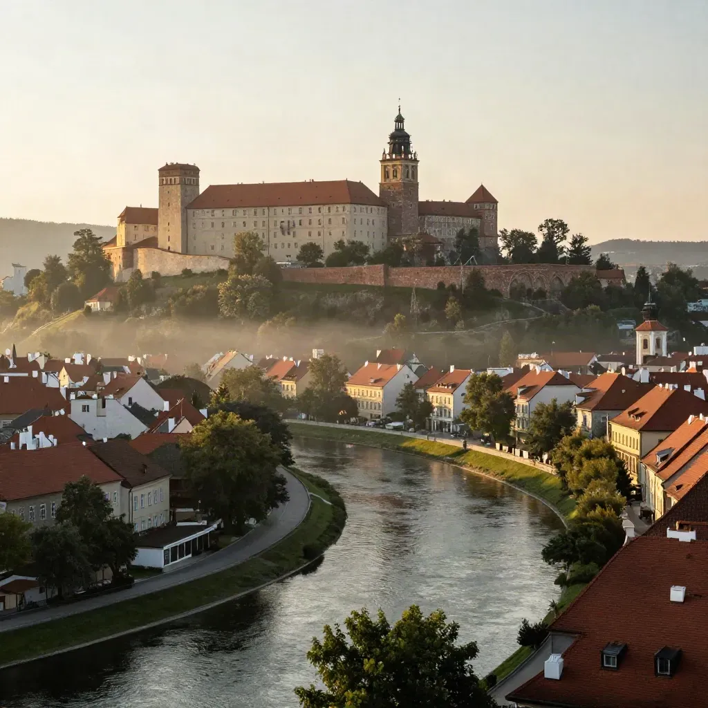 Wawel na wzgórzu nad mglistym Krakowem o złotej godzinie, widok szeroki