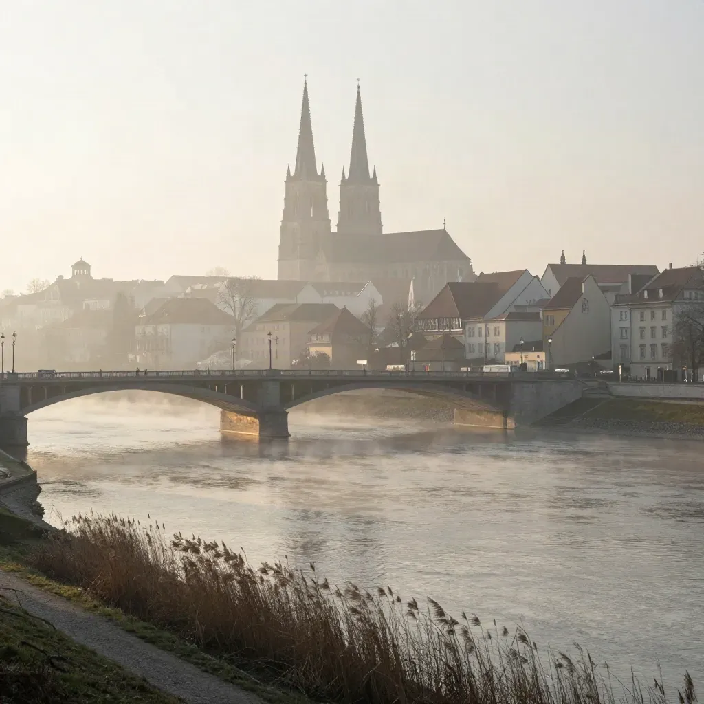 Wrocław o świcie: mosty nad Odrą i wieże katedry wynurzają się z mgły.
