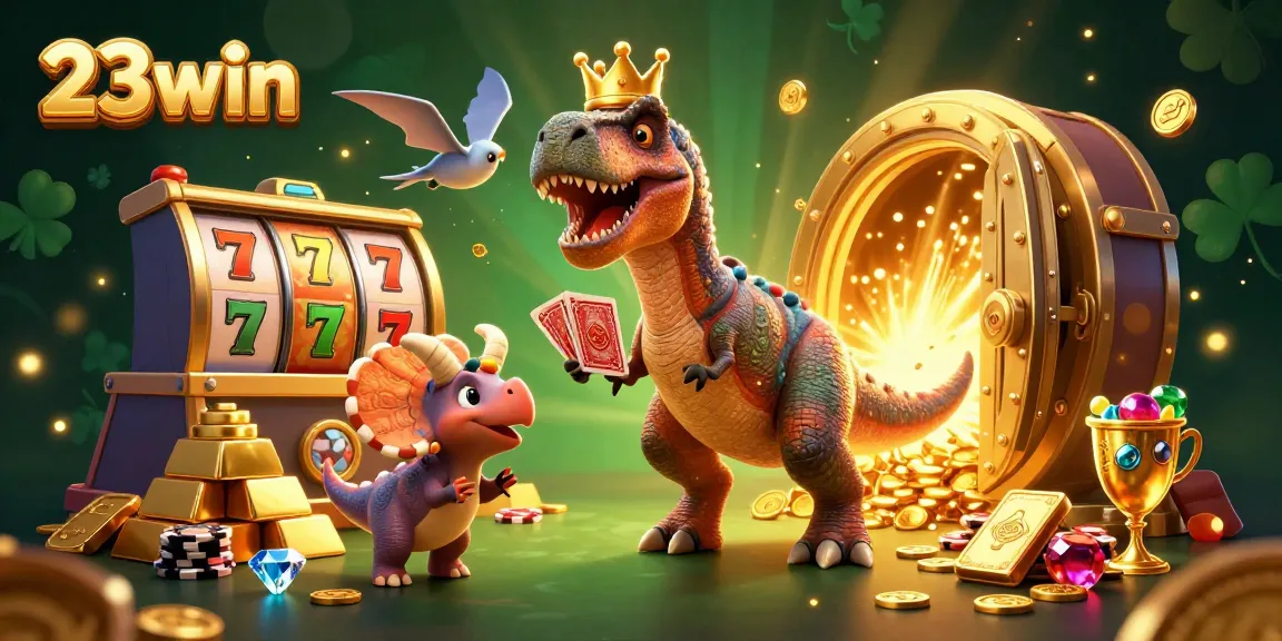 Experience thrilling gaming action with 23win featuring T-Rex shuffling cards and treasures galore.
