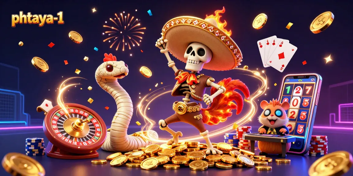 PHTAYA-1 promotes excitement with animated characters celebrating wins among cascading coins and game elements.