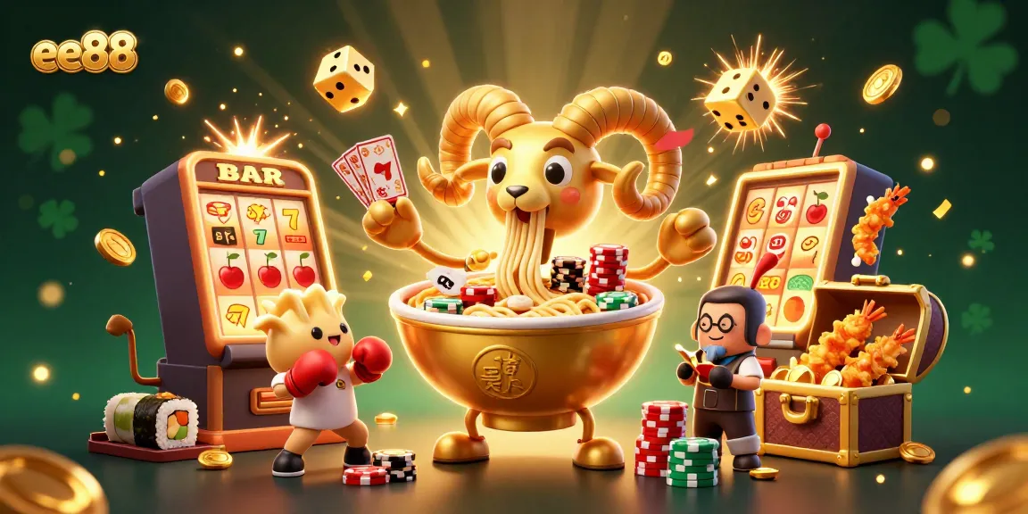 ee88 characters join in thrilling casino action with a vibrant 3D illustration showcasing slots and golden treasures.