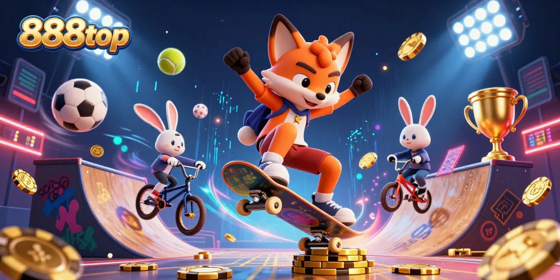 Experience exciting gaming with 888top, featuring a vibrant 3D scene of animated characters and casino elements.
