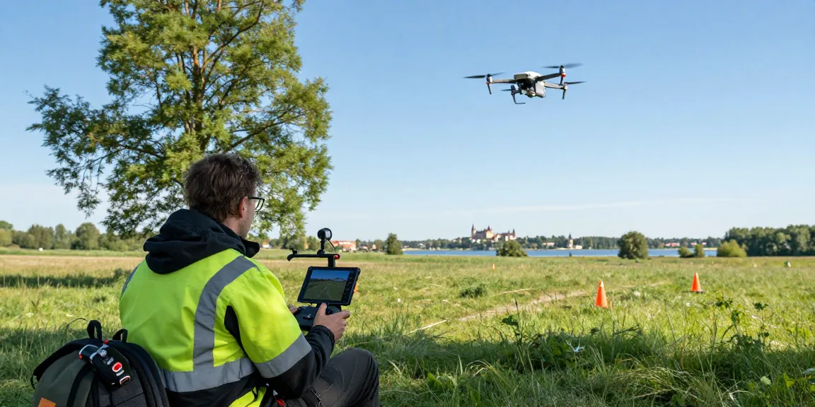 Usługi dron olsztyn - operator drona w malowniczym krajobrazie Olsztyna, obsługujący UAV z zachowaniem bezpieczeństwa.
