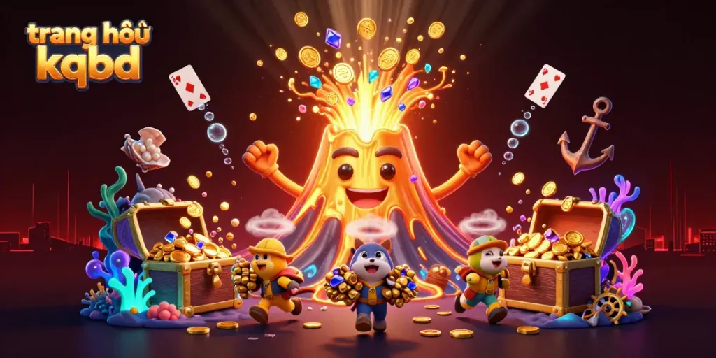 Witness the thrilling action of trang chủ kqbd, featuring a golden volcano erupting coins and gems, a dynamic treasure scene.