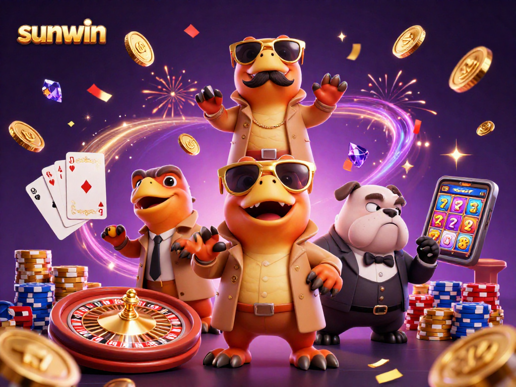 Experience the thrill at sunwin with animated raptors entering a VIP casino scene, full of vibrant gaming elements.