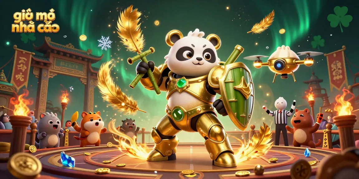 Experience the excitement of giải mã nhà cái with a vibrant 3D illustration of action-packed characters in a casino arena.
