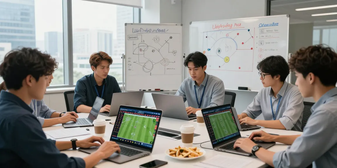 Soi kèo bóng đá analysis with experts collaborating on football betting strategies at a modern office table.