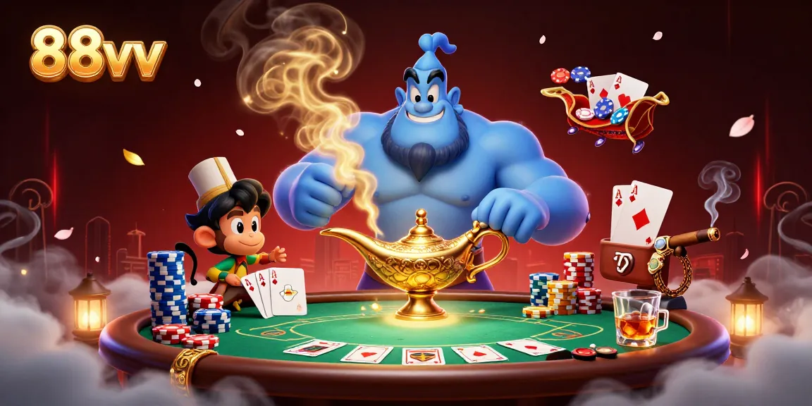 Engage in thrilling poker action at 88vv with an exciting casino scene featuring a genie, monkey, and magic carpet.