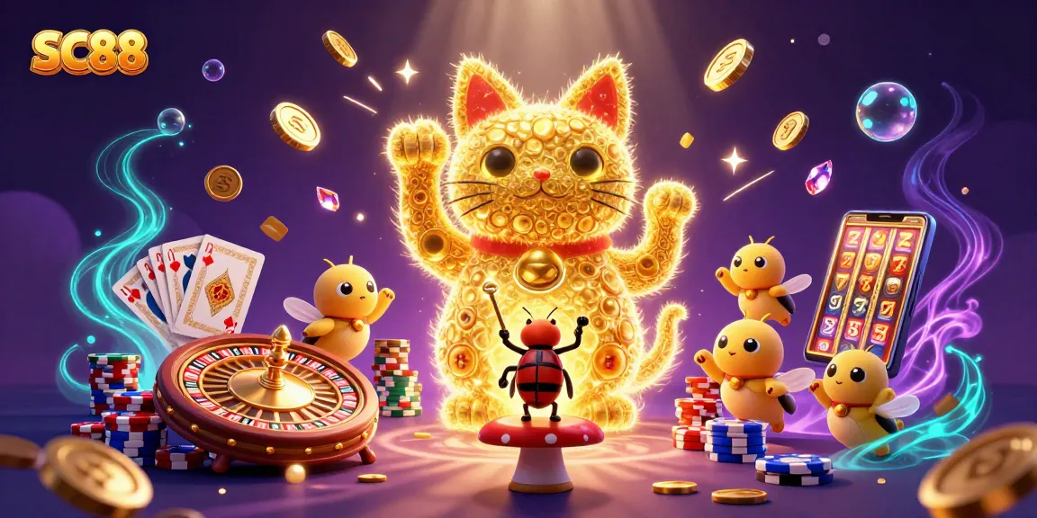 Experience the magic of SC88 with a giant lucky cat and dynamic casino elements.