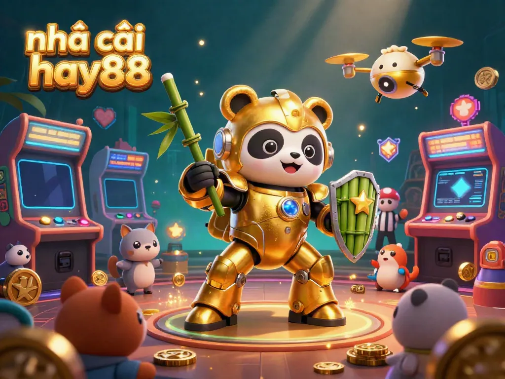 Engaging action scene showcasing nhà cái hay88 with a golden panda robot, arcade elements and casino energy.