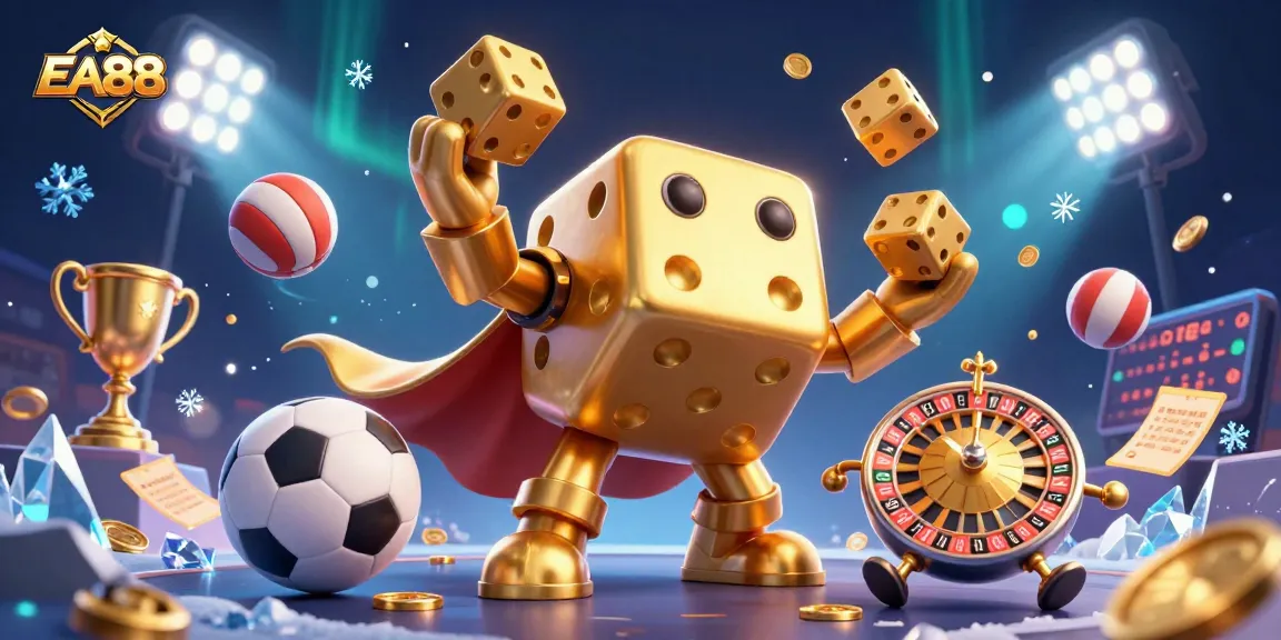 Win big with EA88 while engaging with dice golems and dynamic casino elements in a vibrant 3D scene.