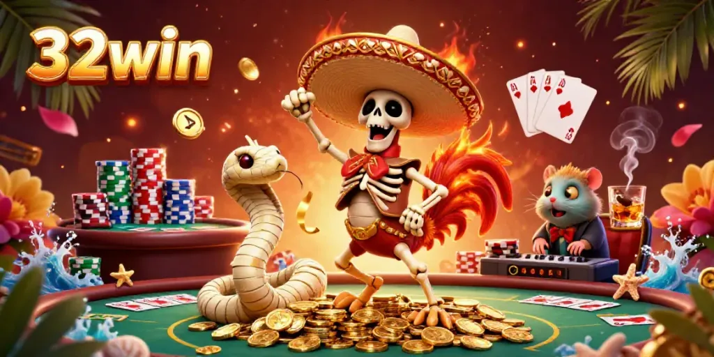 Experience the 32win casino adventure with a vibrant scene featuring a winning mariachi rooster and casino elements.