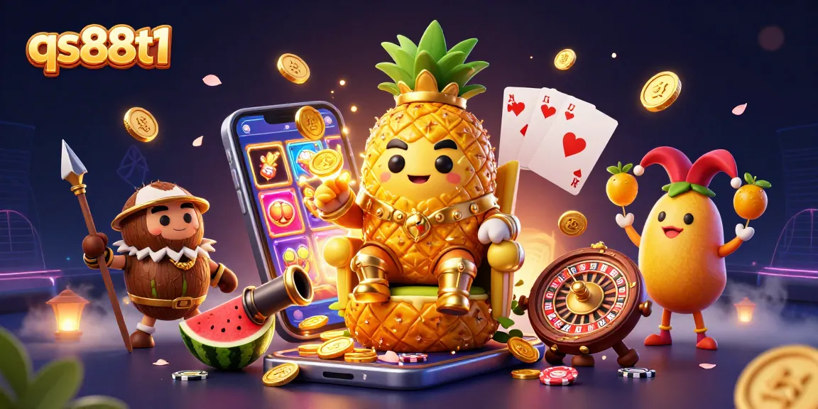 Experience thrilling gameplay at qs88t1 with vibrant 3D illustration showcasing the golden pineapple king and gaming elements.