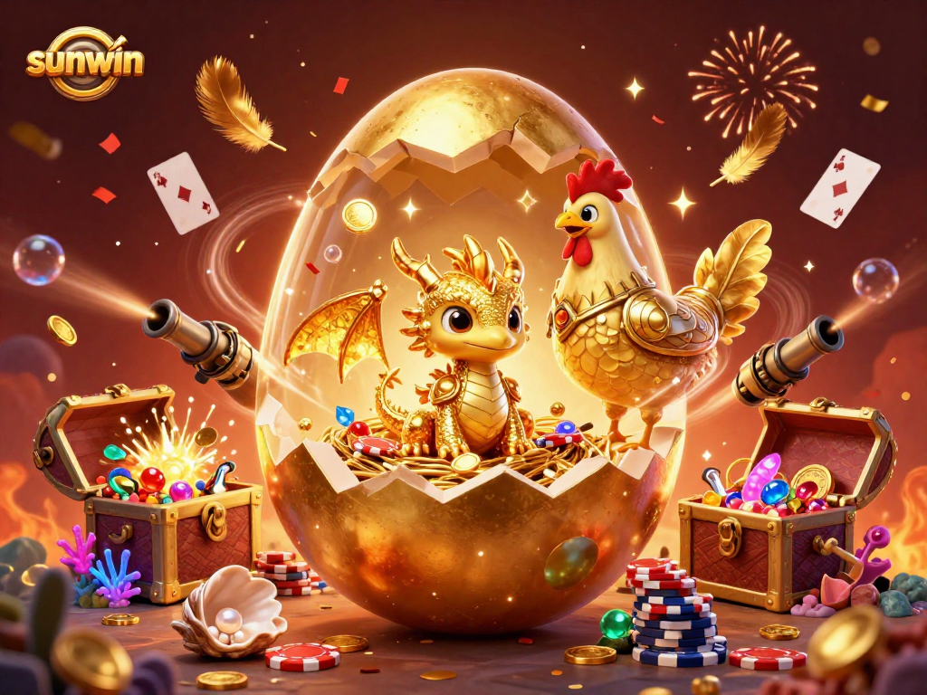 Engage with sunwin's exciting world of gaming featuring a dazzling golden dragon and casino elements.