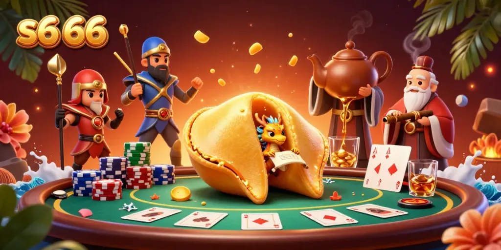 Engage with exciting s6 66 casino dynamics featuring a golden fortune cookie and poker elements.