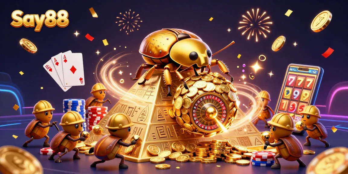 Experience big wins at Say88, depicted by a golden dung beetle rolling coins in a vibrant casino scene.