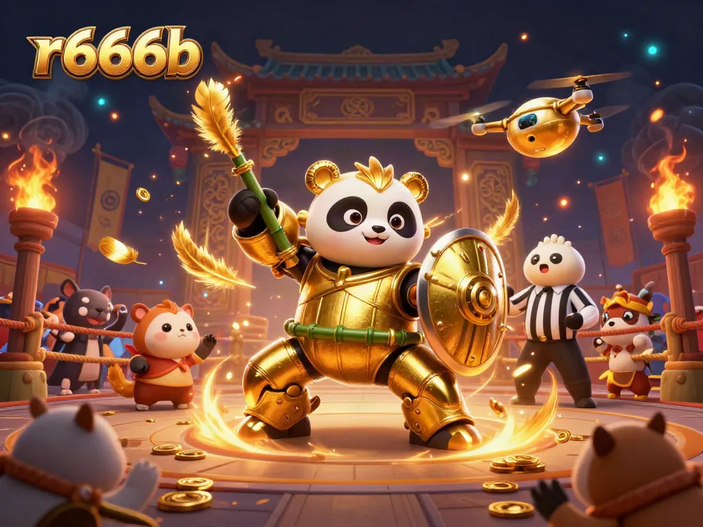 Experience thrilling gaming with r666b at a dynamic online casino scene featuring a golden panda.