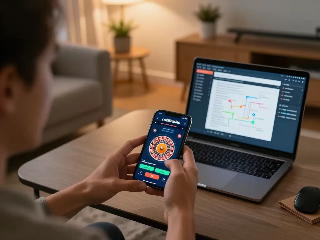Player engaged with cm88casino app in vibrant home setting, enjoying online roulette gaming