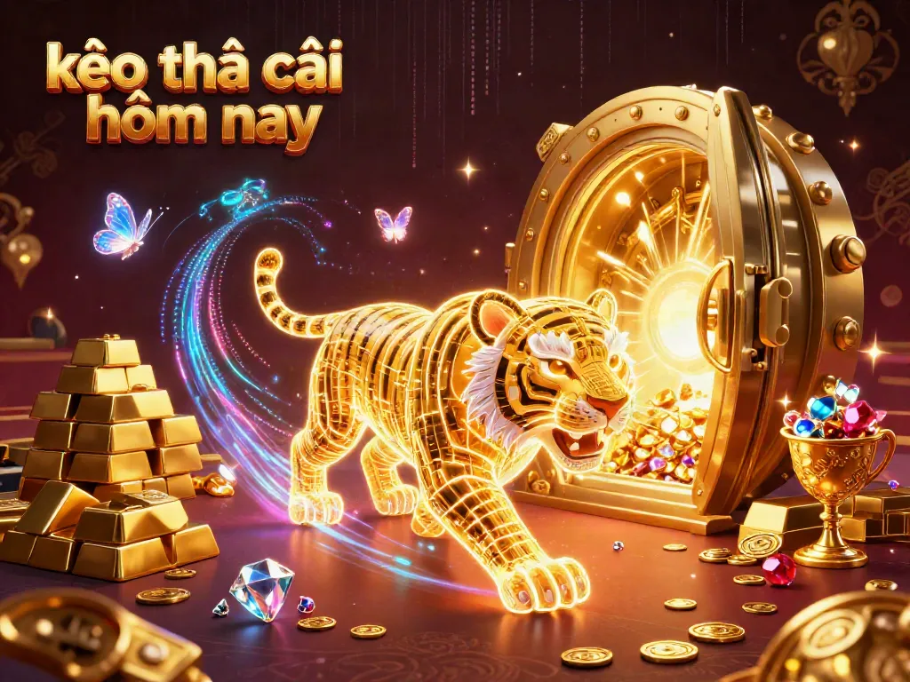 Engage with kèo nhà cái hôm nay in a vibrant 3D casino scene filled with gold and neon elements.