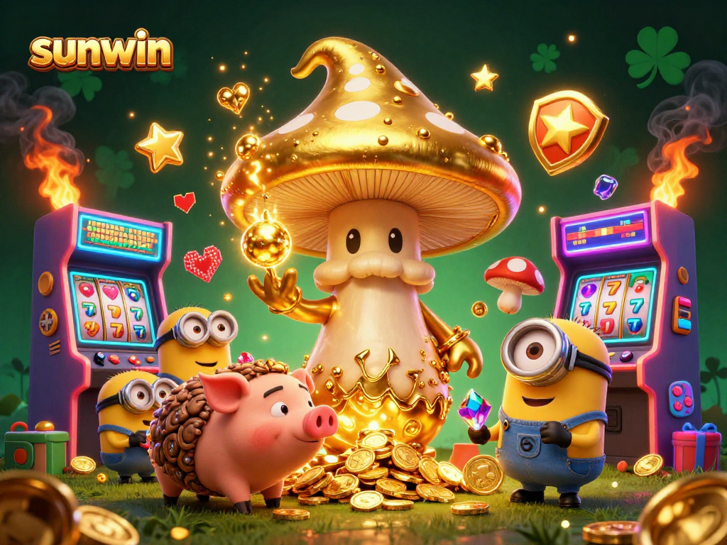 Experience the magic of sunwin as the golden mushroom wizard turns luck into treasure in this vibrant casino scene.