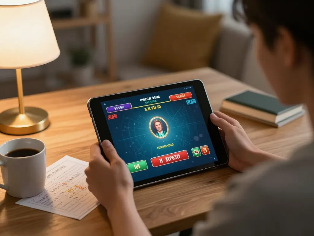 Player engaging with the tr88 online casino app, analyzing bets in a cozy home setting, enhancing gaming experience.
