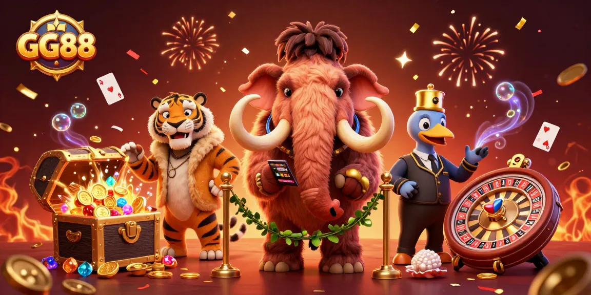 Engage with GG88 at a vibrant casino scene featuring a mammoth bouncer and treasure elements.