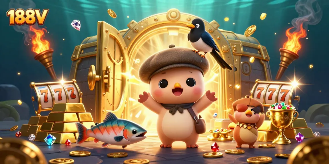 Experience the thrilling atmosphere of 188V with playful characters amid a treasure vault bursting with gold.