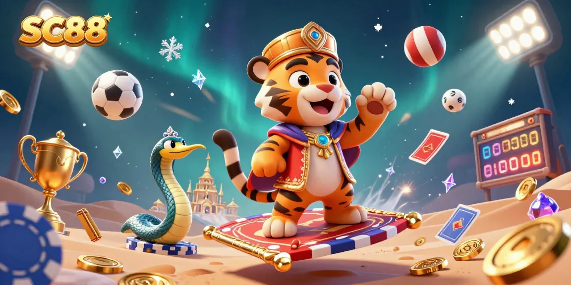 SC88's exciting casino scene featuring a tiger sultan, genie, and dynamic sports betting elements.