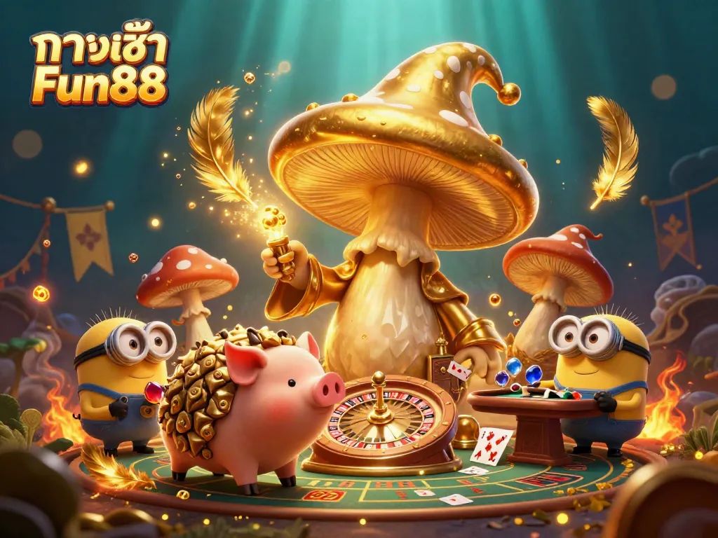 Engage with ทางเข้า Fun88 in a vibrant illustration of a wizard and treasure-hunting pig in a casino scene.